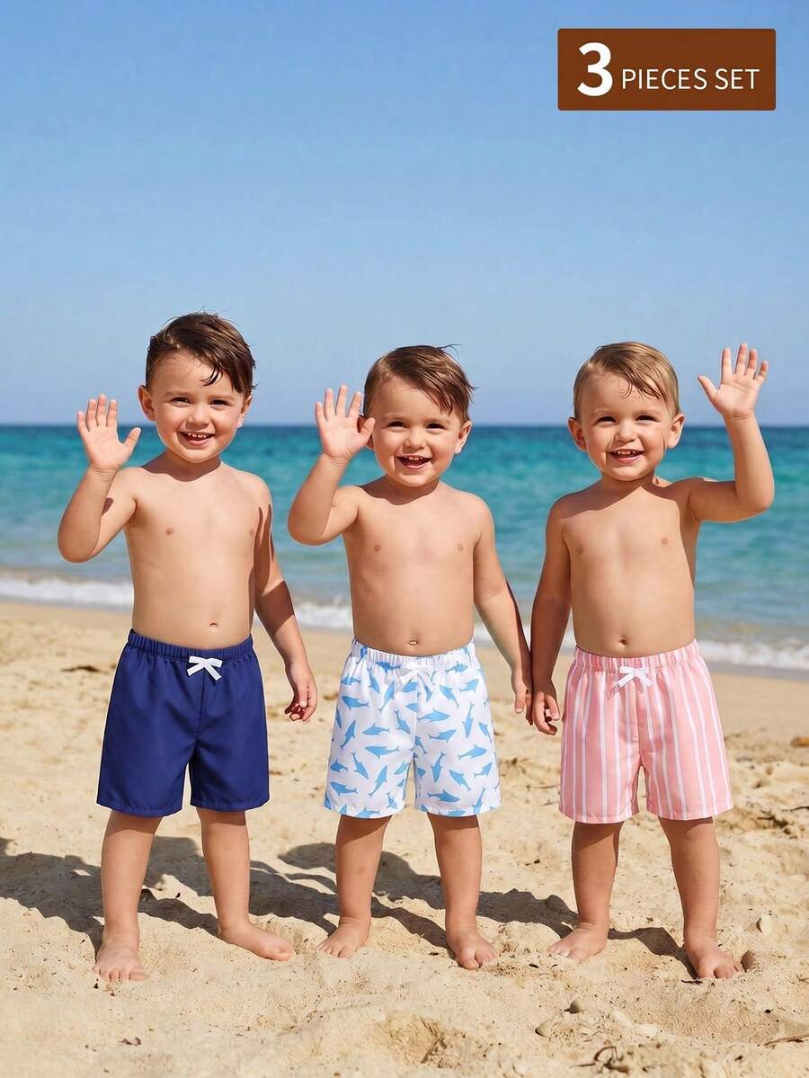 Bộ 3 quần bơi cho bé trai, chất liệu vải dệt, họa tiết cá heo, sọc vàng trắng, thích hợp cho kỳ nghỉ, bãi biển, hồ bơi. - Nhiều màu - Xem 1