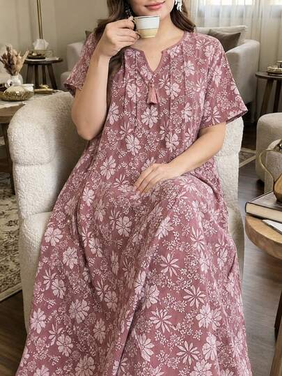 Al Najma Summer Jacquard Fabric Fringed Sleeve Decor Plus Size Women Arabic Style Dress, Pink & Purple