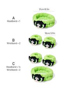 THE POWERPUFF GIRLS X SHEIN 1pc Soft Absorbent Headband, 2pcs Wristband, Comfortable & Convenient For Face Washing And Bathing - Green - View 3