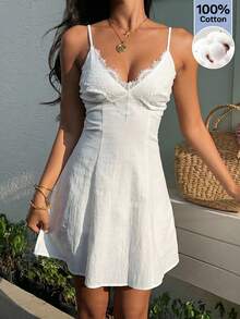 SHEIN EZwear 女士度假休闲蕾丝拼接荷叶边吊带连衣裙 - 白色 - 查看 6