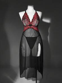 Seduluxe 2pcs Plus Size Lace Contrast Mesh Wireless Sexy Lingerie Set - Multicolor - View 6