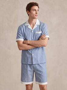 EverLounge 男士休闲撞色条纹家居服套装 - 藍白色 - 查看 3