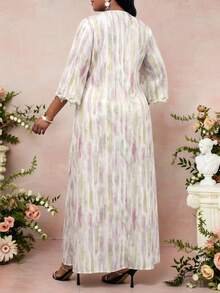 SHEIN Lady Women's Plus Size White Olive Green V-Neck Long Sleeve Elegant Bohemian Dress,Autumn Vacation Resort Wear,Beach Holiday Tea Party Graduation Outfit - Pink - View 2