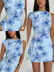 Vestido de Mujer con Mangas Tipo Paraguas y Volantes con Decoración Metálica - Celeste 2 - Ver 8