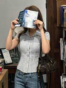 DAZY 女款夏季純色領口修身短袖白色襯衫 - 灰色 - 查看 4