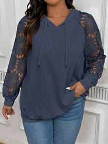 INAWLY Sudadera con capucha blanca con aplicación de encaje para mujer talla grande, ideal para otoño, graduación, regreso a clases, maestros, otoño e invierno - Azul Marino - Ver 1