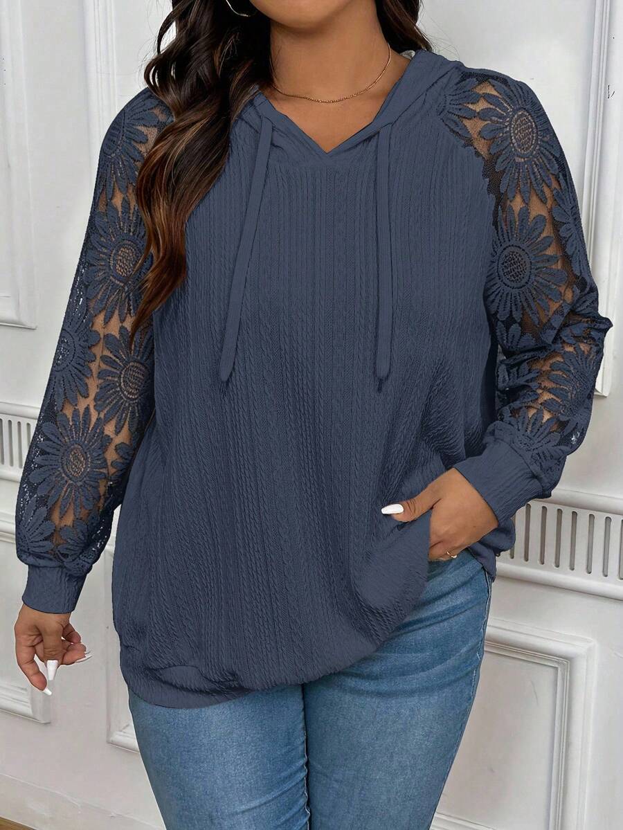 INAWLY Sudadera con capucha blanca con aplicación de encaje para mujer talla grande, ideal para otoño, graduación, regreso a clases, maestros, otoño e invierno - Azul Marino - Ver 1