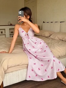 Napfluff 女士可爱蝴蝶结条纹印花抽绳系带A字吊带睡裙 - 彩色 - 查看 5