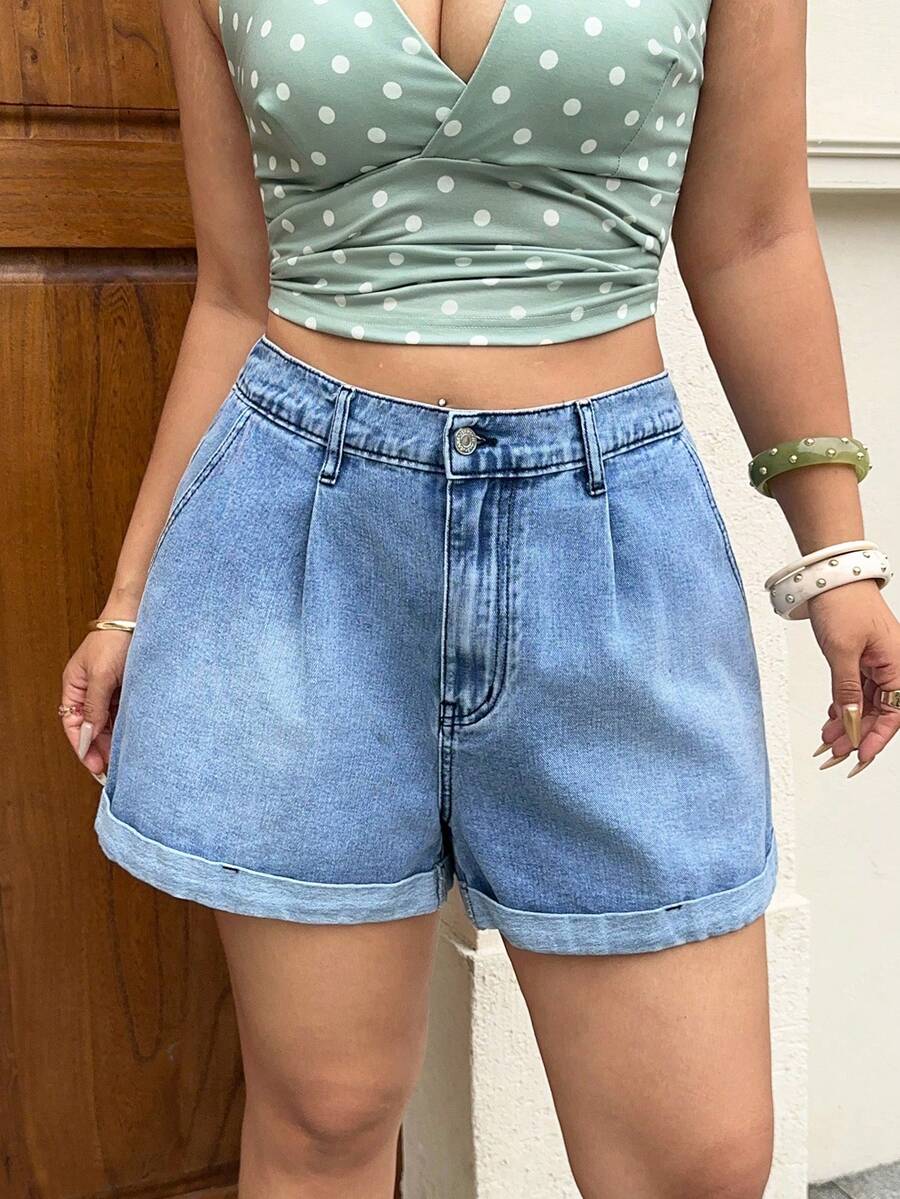 Rivivi Damen Große Größen Sommer Mode Lässige vielseitige plissierte lose Denim Shorts mit Manschetten - Babyblau - Übersicht 1