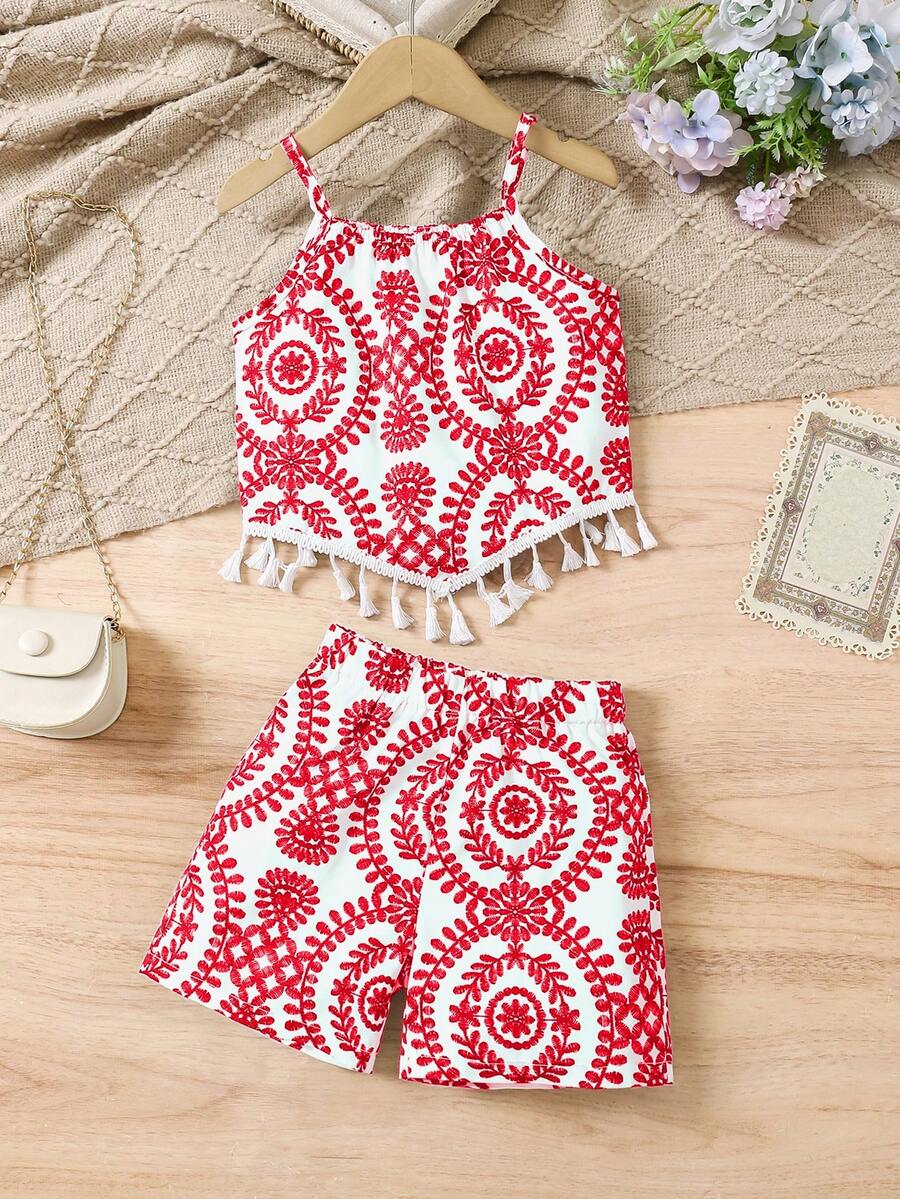 Bộ đồ đi biển mùa hè phong cách Bohemian in hình cây cỏ, có tua rua, gồm áo hai dây và quần short cho bé gái tuổi teen. - Đỏ - Xem 1