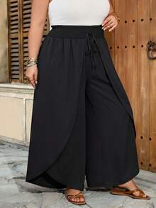 SHEIN CURVE+ Quần ống loe dáng suông, size US22, thích hợp cho các lễ hội âm nhạc, kỳ nghỉ biển, phong cách bohemian, màu trơn, thời trang thường ngày, phù hợp mặc mùa hè. - màu đen - Xem 5