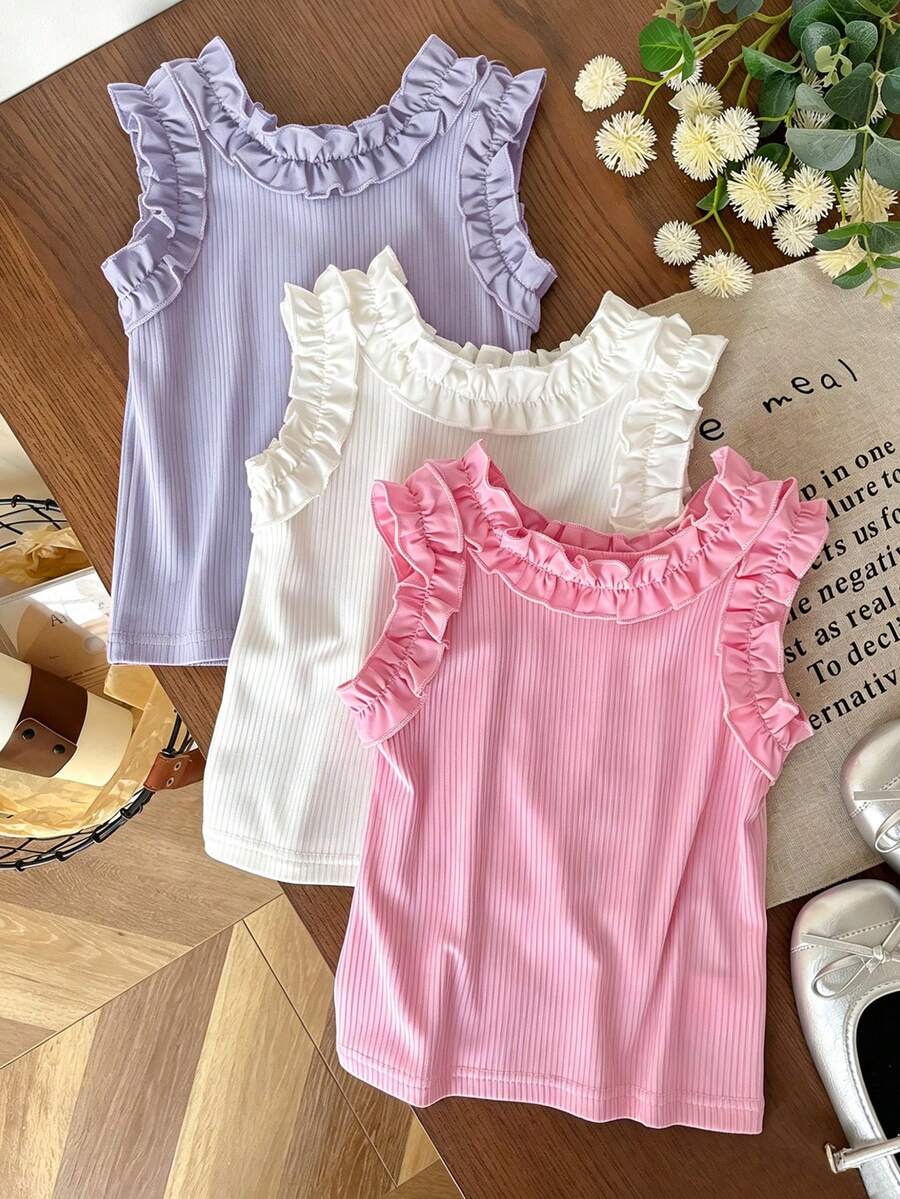 Genkimix Kids 女童三件套：女童夏季纯色荷叶边背心 - 粉色、白色和黑色 - 彩色 - 查看 1