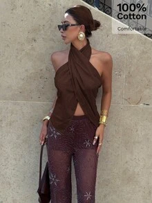 Siren Gaze Áo tank top nữ thanh lịch, thoải mái, cổ yếm buộc chéo, lưng hở, cài cúc, xẻ tà, thích hợp cho kỳ nghỉ hè, đi biển, dự tiệc hoặc công sở. - Cà phê nâu - Xem 4