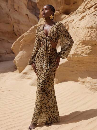 Zivah Damen Sommer Urlaubs Leoparden Muster Bindedetail Laternärmel Kleid