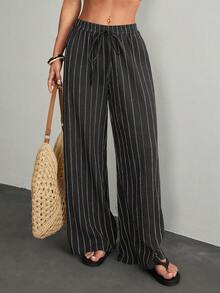 SHEIN PETITE Pantalones casuales sueltos de pierna recta con cordón y rayas para mujeres, para mujeres de talla pequeña - Gris Oscuro - Ver 3