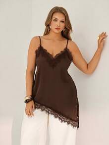 Auralis Áo camisole ren phối họa tiết vạt lệch cho nữ cỡ lớn - màu nâu - Xem 4