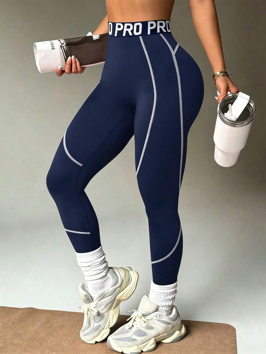 Slayform Slayform 女士黑色紧身七分运动打底裤,撞色腰带和条纹图案,适合日常休闲穿着、跑步、瑜伽、健身、网球、高尔夫等运动。 - 藏蓝色 - 查看 1