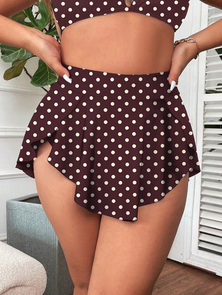 Swim Vcay Plus Size Polka Dot Print Asymmetric Hem Bikini Bottom - Brown - View 1