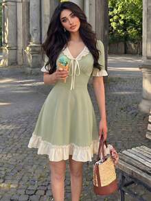Modelyn 女士春夏针织黑色短袖拼接荷叶边A字优雅浪漫连衣裙 - 綠色 - 查看 7