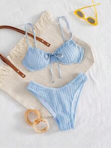 Swim Mod 女款 Coquette 兩件式比基尼套裝，嬰兒藍，夏季休閒沙灘度假款，掛脖抓皺上衣，前綁帶，高衩下褲，波浪紋布料 - 淺藍色 - 查看 6