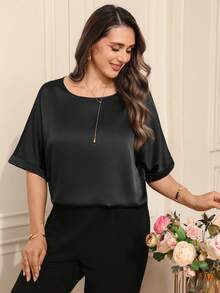 Miaspire Áo thun cổ tròn vải pique cỡ lớn dành cho nữ - màu đen - Xem 4