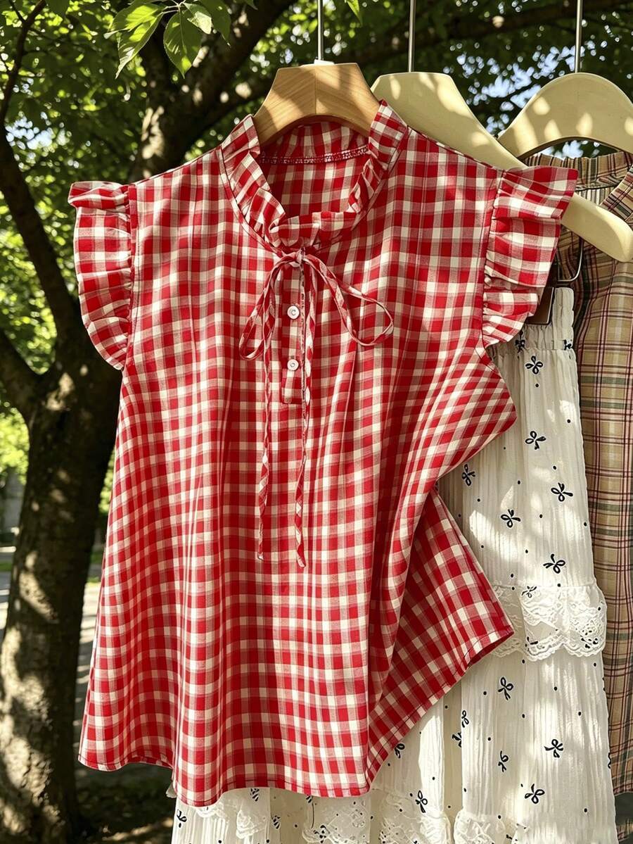 Franclia Blusa holgada de verano con volantes, cuello de lazo y estampado de cuadros rojos vintage en talla grande con estilo Y2K y preppy - Rojo - Ver 1