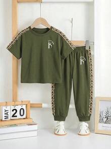 SHEIN 男童休闲宽松舒适运动风圆领短袖上衣+长裤两件套，秋季新品 - 彩色 - 查看 2