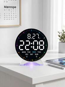 Reloj despertador digital LED redondo con luz nocturna RGB, doble alarma, pantalla de fecha y semana, brillo ajustable, reloj de escritorio moderno para dormitorio, oficina y decoración del hogar - Multicolor - Ver 2