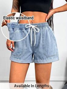 SHEIN PETITE CURVE Plus Size Women Drawstring Waist Pockets Casual Versatile Denim Shorts Jorts - Light Wash - View 1