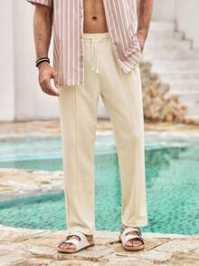 Mercer Haus Men's Drawstring Waist Stitching Design Pants, Autumn - Apricot - View 6