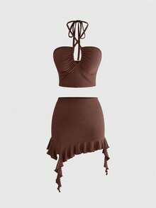 ROMWE Plus Size Y2K Boho Hippie Summer Beach Vacation Romantic Versatile Retro Halter Top And Asymmetric Hem Skirt 2 Pieces Set Brown - Brown - View 9