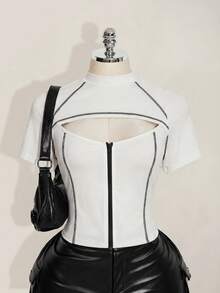 SHEIN ICON 大码女式黑白撞色镂空缝线T恤 - 白色 - 查看 6