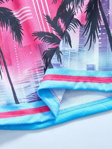 ROMWE MEN Street Life Casual Spring/Summer Beach Vacation Pattern Coconut Tree Letter Drawstring Waist Shorts, School Style - Multicolor - View 6