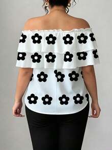 SHEIN Clasi Plus Size Women's Classic White Print Layered Ruffle Off-Shoulder Blouse Vacation Summer Boho - White - View 2