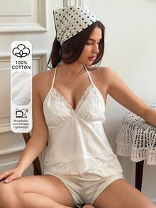 Livesso Top de pijama de mujer con parches de encaje de unicolor y cuello halter - Blanco - Ver 4