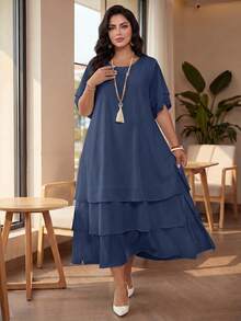 Auveirra Plus Size Casual Dress, White Round Neck Sleeveless Asymmetrical Flowing Hem Bohemian Dress, Suitable For Spring/Summer/Vacation Elegant - Dusty Blue - View 1