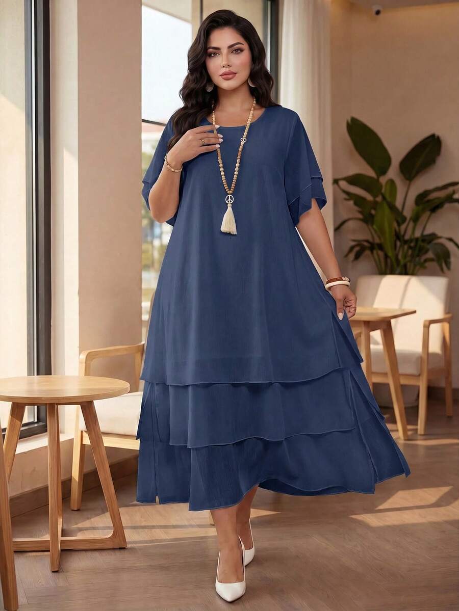 Auveirra Plus Size Casual Dress, White Round Neck Sleeveless Asymmetrical Flowing Hem Bohemian Dress, Suitable For Spring/Summer/Vacation Elegant - Dusty Blue - View 1