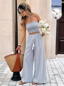 Serisse Bộ đồ 2 món dành cho nữ mùa hè đi biển: Áo quây crop top in sọc và quần ống rộng. - Xanh và trắng - Xem 1