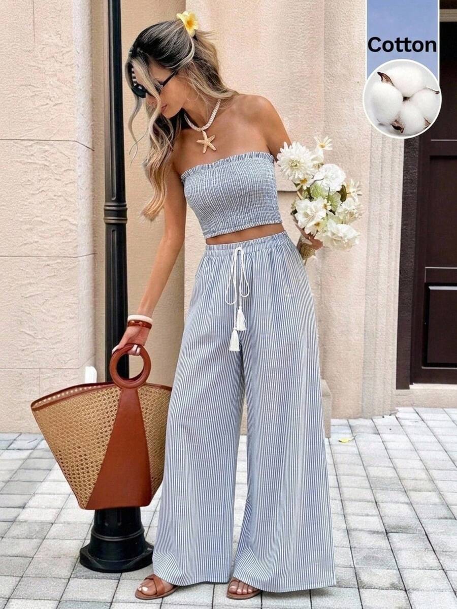 Serisse Bộ đồ 2 món dành cho nữ mùa hè đi biển: Áo quây crop top in sọc và quần ống rộng. - Xanh và trắng - Xem 1