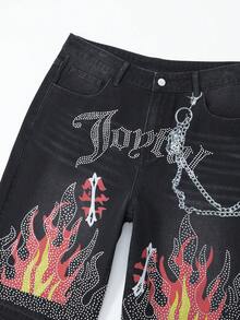 ROMWE MEN Grunge Punk Men's Summer Casual Rhinestone Distressed Slant Pocket Denim Shorts - Black - View 4