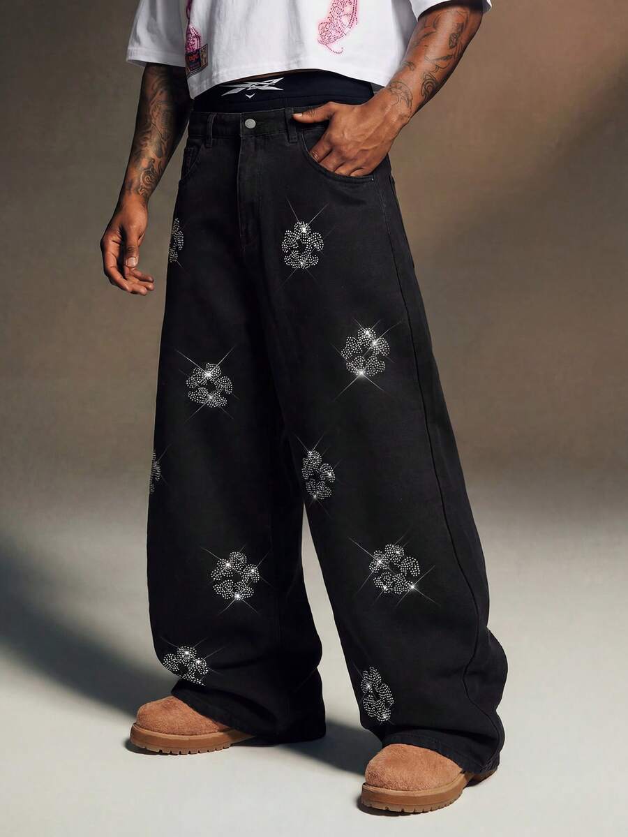 AXEPEAK Jeans negros lavados para hombres con adornos de diamante de imitación, de moda - Negro - Ver 1