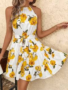 SHEIN Clasi Floral Print Elastic Waist Ruffle Hem Dress Summer Dress,Dresses For Women Summer - Yellow - View 4