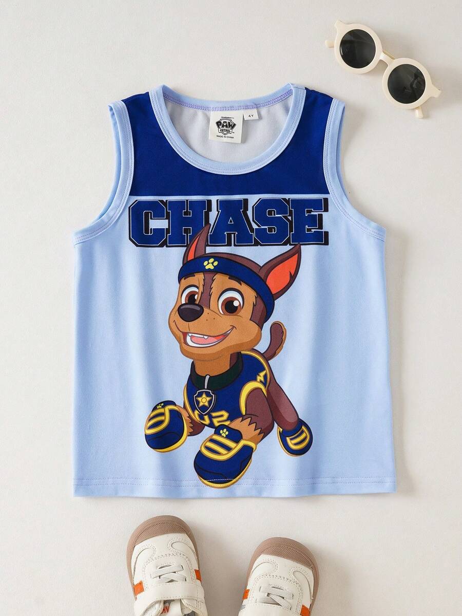 SHEIN | PAW Patrol 男童舒适可爱撞色狗狗印花圆领背心,夏季 - 藍色 - 查看 1
