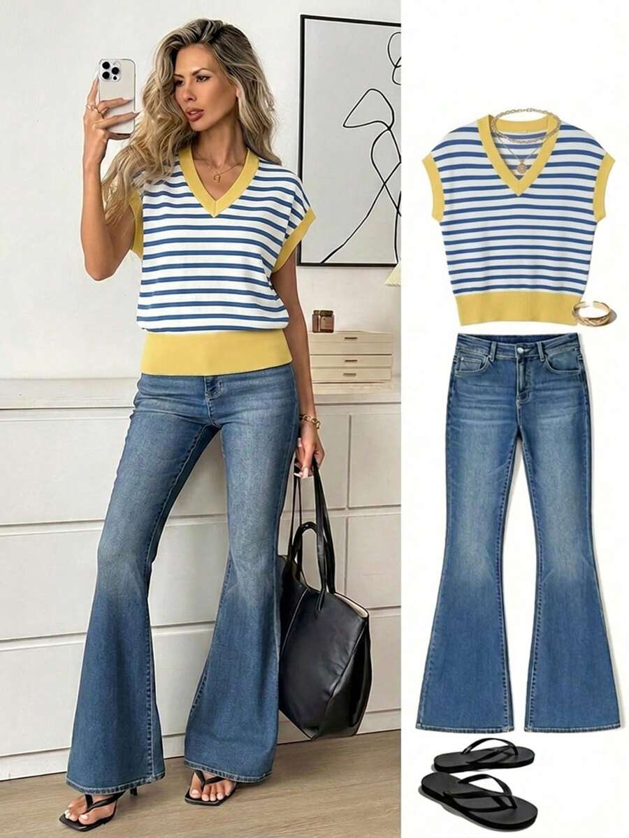 SHEIN LUNE Women's V-Neck Printed T-Shirt, Versatile For Summer,Summer Top - Multicolor - View 1