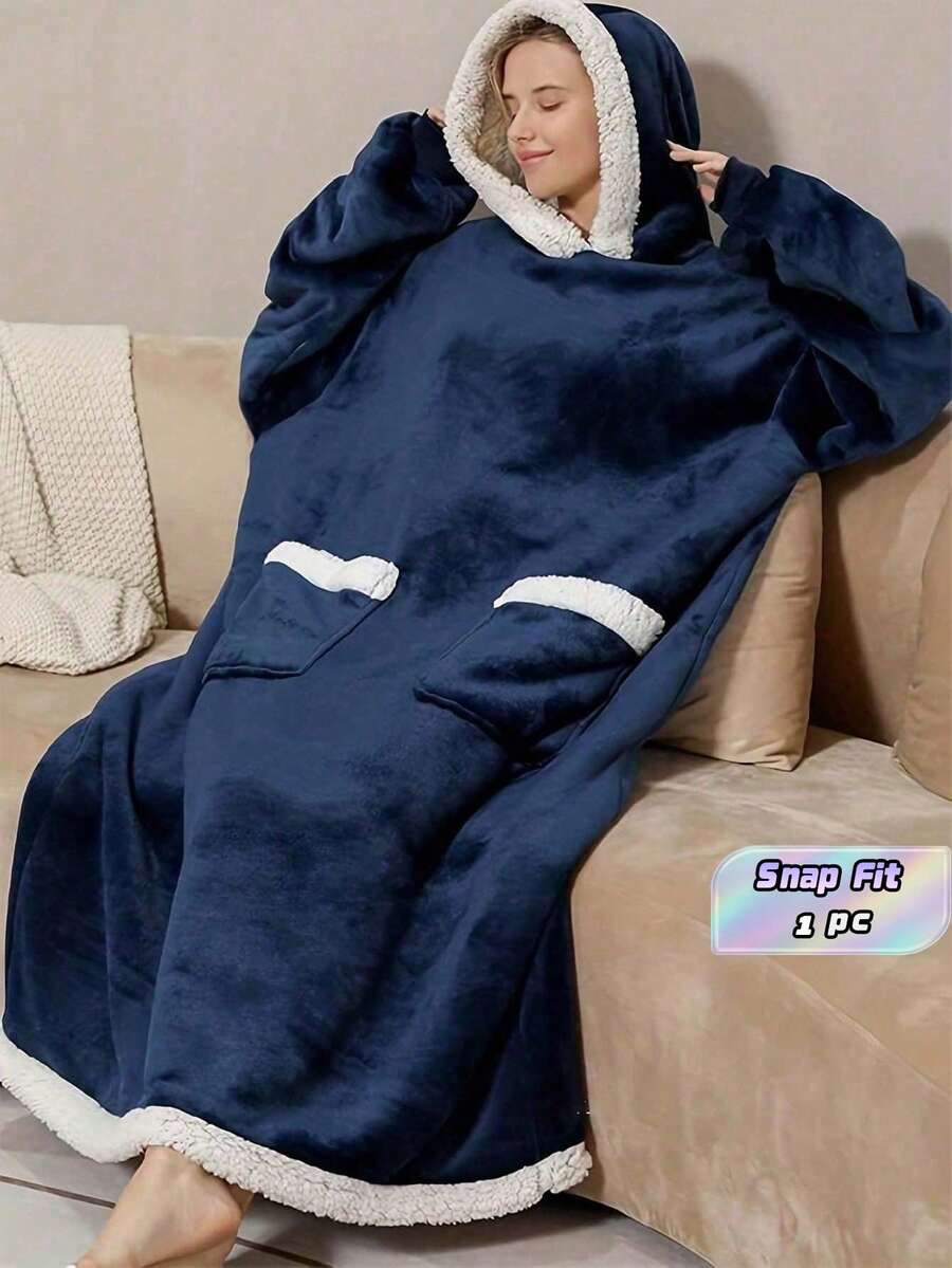 蓝灰色连帽毯,成人可穿戴毯,冬季家居服,加厚保暖内衬纯色浴袍,厚实柔软保暖防脱落,酒店/宾馆/家庭成人睡衣,家居浴室装饰沙滩装返校季,可作为男女礼物、生日礼物,超大号连帽衫 - 彩色 - 查看 1