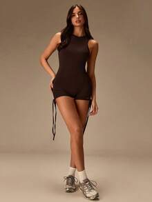 Athîral Women's Solid Color Casual Everyday Activewear Romper - Coffee Brown - View 3