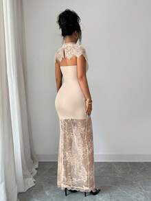 SHEIN Elenzya Vestido de manga corta ajustado, transparente, con parches de encaje y calado de unicolor - Albaricoque - Ver 3