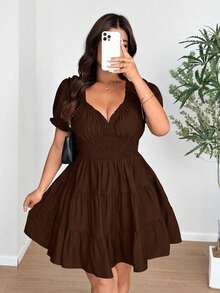 Vionelle Plus Size Woven Elegant V-Neck Puff Sleeve Ruched Dress - Coffee Brown - View 5