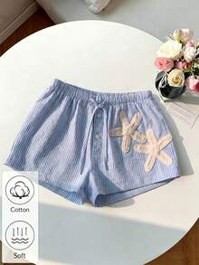 Franclia Quần short kẻ sọc mới cho nữ mùa xuân/hè, cạp thấp thắt nơ, họa tiết sao biển, kiểu dáng thanh lịch, thường ngày, lãng mạn. - Màu xanh nhạt - Xem 3