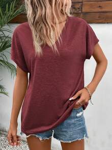 SHEIN Frenchy Áo thun nữ đơn giản, màu trơn, cổ chữ V, tay cánh dơi, thích hợp cho mùa hè. - Đỏ - Xem 3